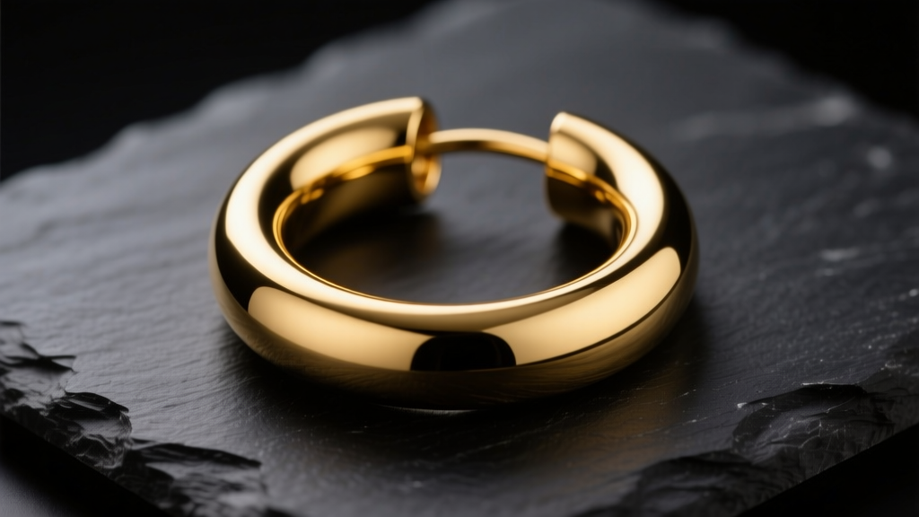 Macro shot of a thick 10-gauge solid 14k yellow gold continuous hoop earring resting on dark slate under dramatic studio lighting