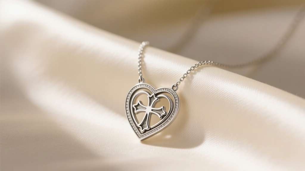 Sterling silver James Avery Joy of My Heart necklace on cream silk, soft light highlighting the intricate cross cutout detail.