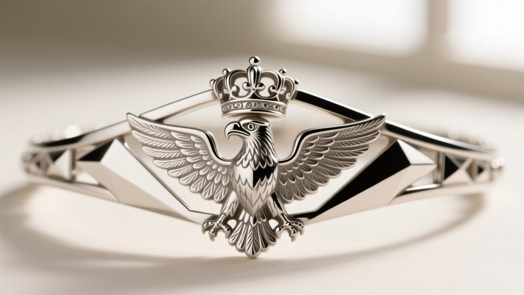 Macro close-up of a vintage French eagle head hallmark stamped on the platinum clasp of a geometric art deco collar necklace.
