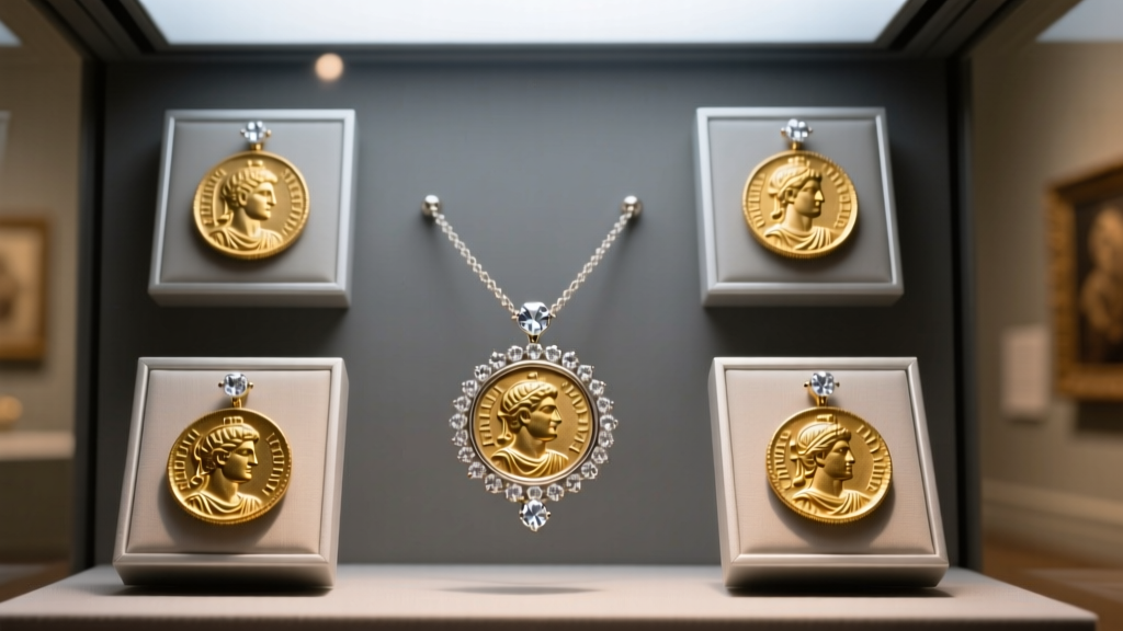 Estate coin and jewelry galleria display case showing ancient Roman gold coins set in diamond pendants under warm museum lighting
