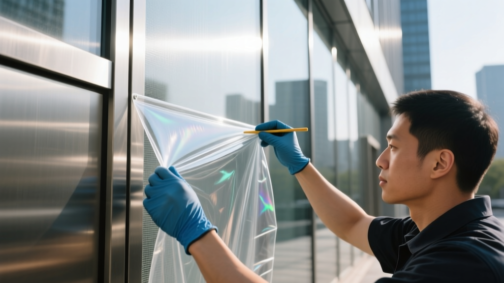Close-up of a technician applying a clear TPU protective security film to a heavy-duty stainless steel architectural privacy screen on a modern commercial building facade.