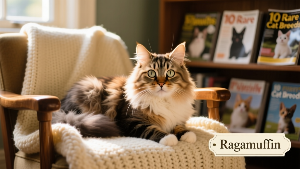 Ragamuffin cat with plush, rabbit-soft coat and large, round eyes resting on a cozy blanket