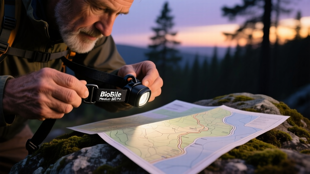 Close-up of a camper adjusting a BioLite HeadLamp 800 Pro strap while checking a topographic map under dim twilight conditions