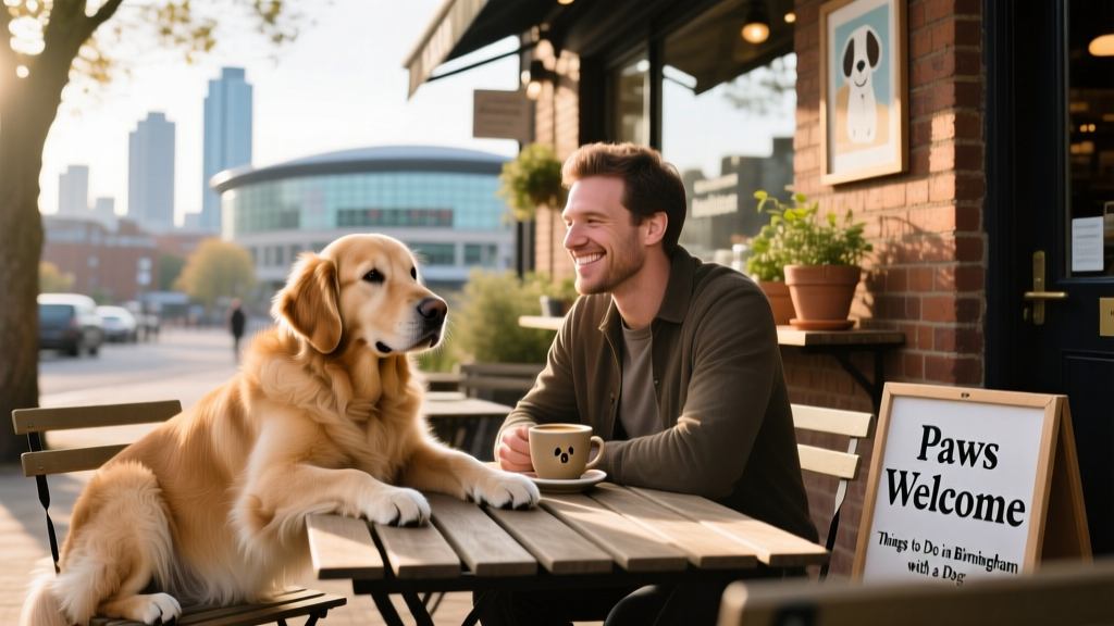 A dog relaxing beside their human at an outdoor table outside a Birmingham café