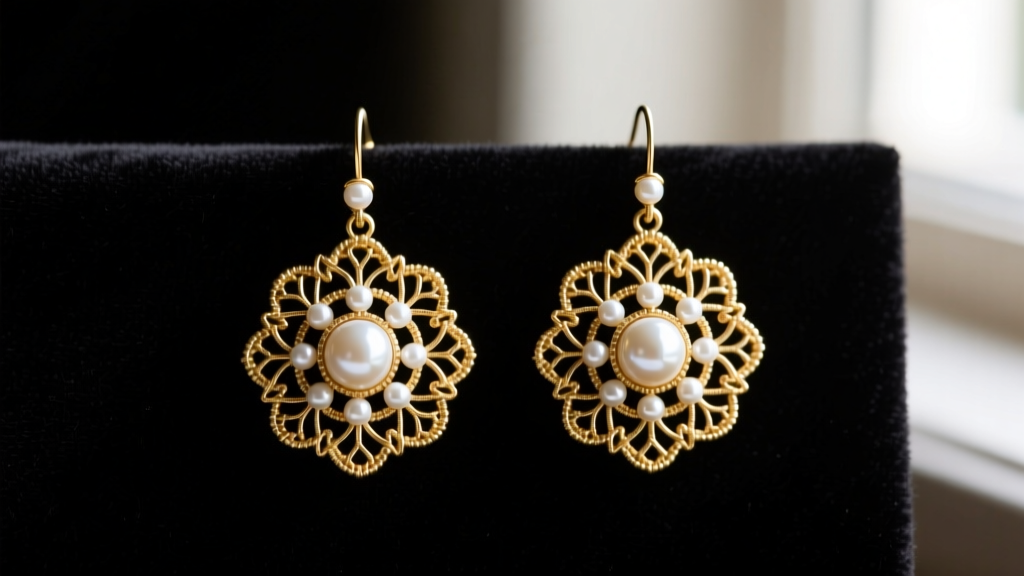 Macro shot of Victorian seed pearl earrings with intricate gold cannetille wirework and tiny white pearls on dark velvet