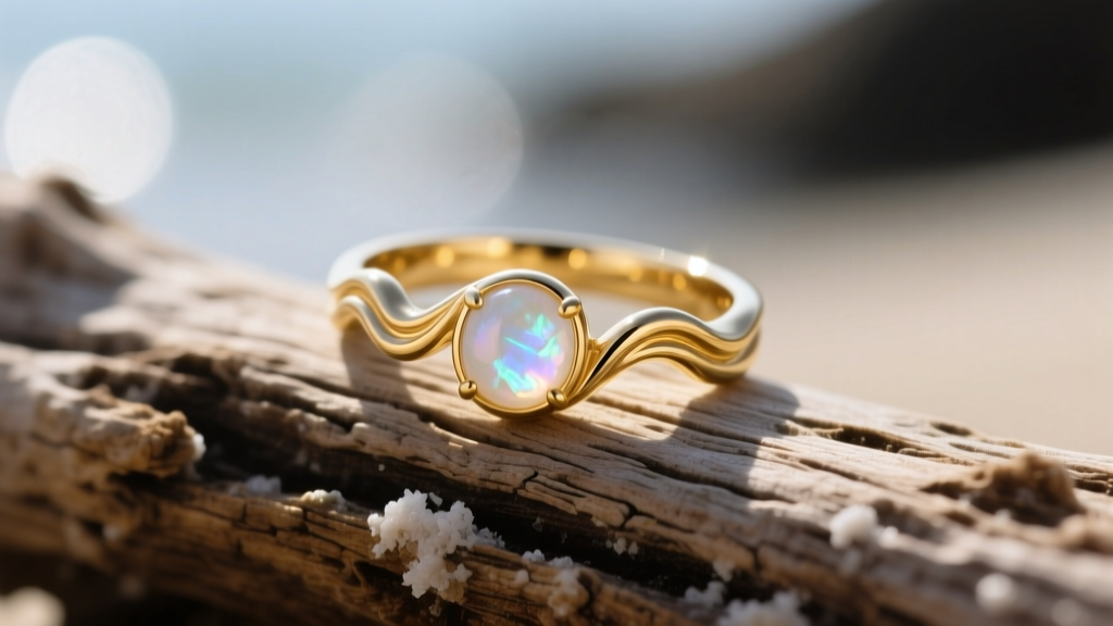 Close-up of a delicate 14k yellow gold wave ring with a bezel-set moonstone, resting on weathered driftwood in soft natural light