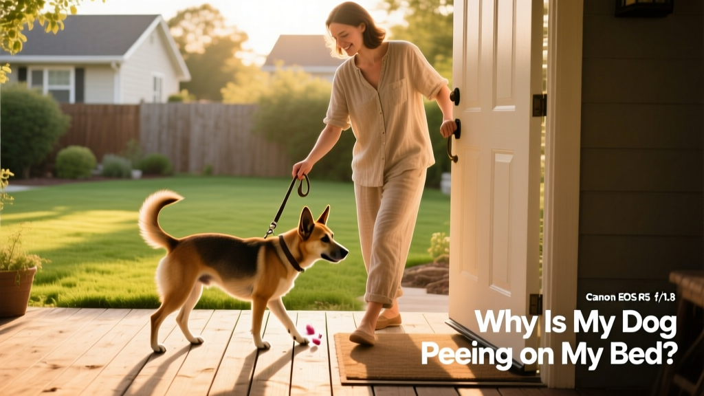 Dog owner gently guiding their dog outside on a leash after noticing pre-urination behavior