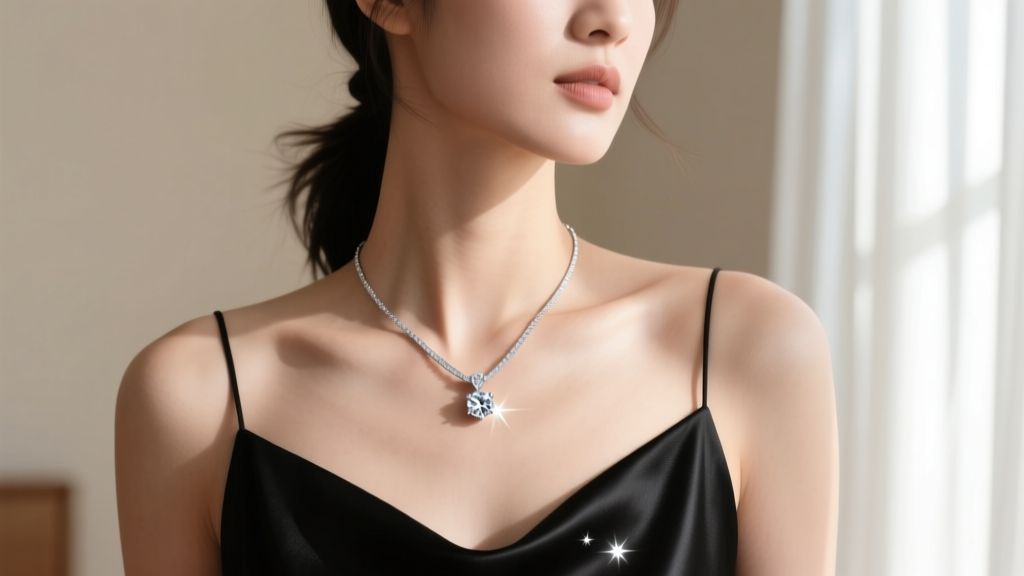 Woman wearing a platinum VCLM TM necklace over black silk, showing a tension-set diamond pendant in soft natural window light.