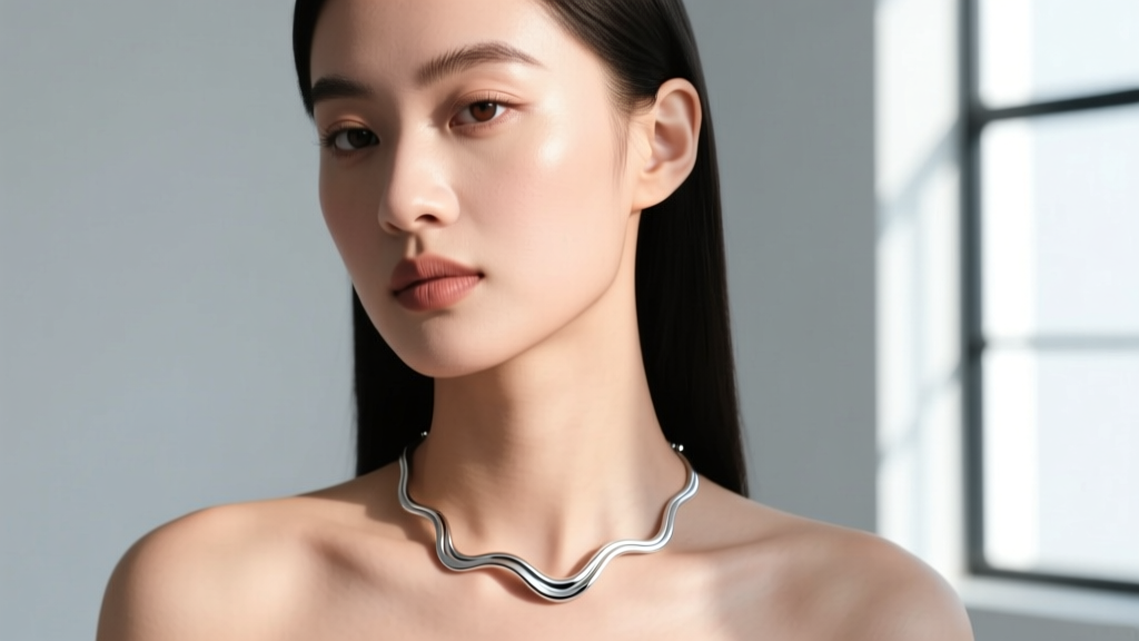 Close-up of a model wearing a polished 925 sterling silver wave necklace resting on her collarbone, soft natural sunlight, studio