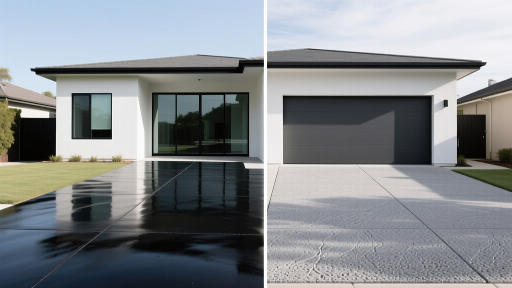 Split-screen driveway showing smooth black asphalt on the left and brushed gray concrete on the right leading to a modern suburban garage