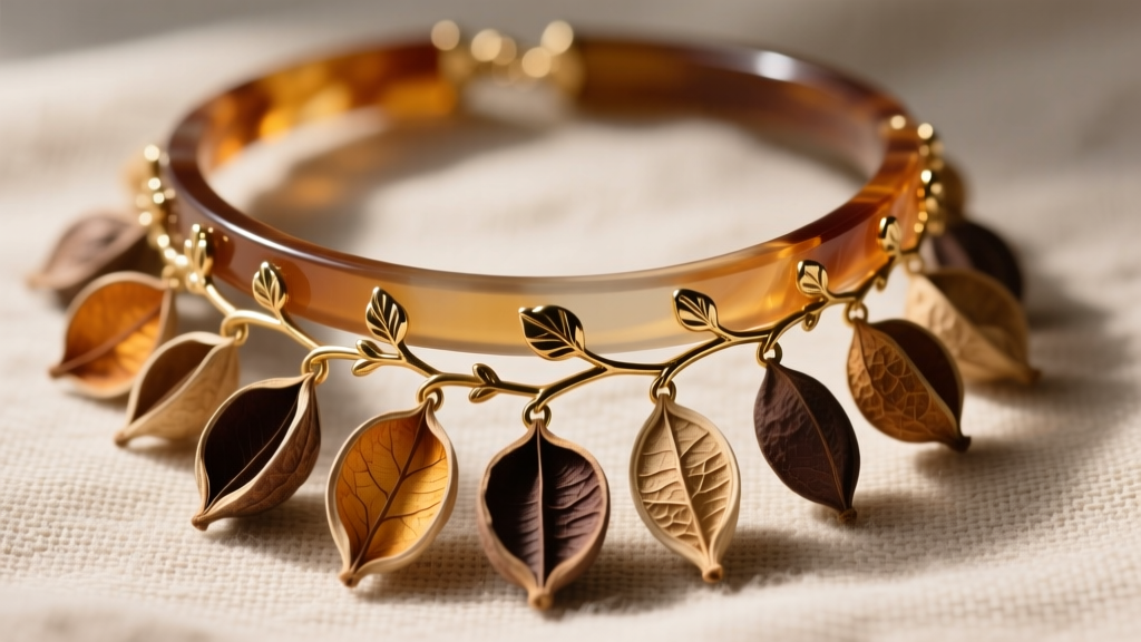 Close-up of a bio-resin eves necklace choker featuring real dried seed pods and tiny brass vine accents on a raw linen backdrop