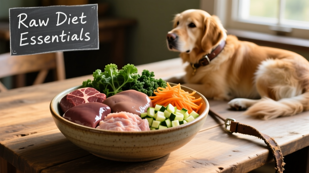 A bowl of fresh, uncooked meat, organ meats, and vegetables arranged as a raw dog meal