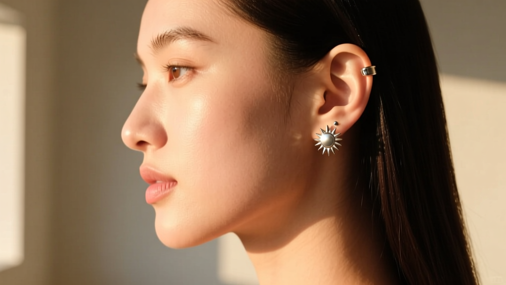 Side profile of a woman wearing a 16-gauge titanium mini sun earring in her upper helix cartilage piercing under soft sunlight.