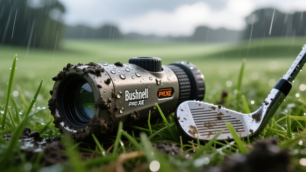 Close-up of a mud-splattered Bushnell Pro XE rangefinder resting on wet bermuda grass next to a golf wedge after a heavy morning rainstorm