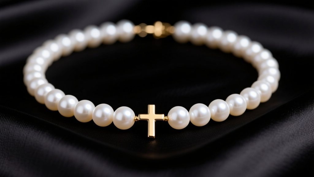 Elegant close-up of a white Akoya pearl necklace with a small 14k gold cross pendant resting on a black silk fabric background