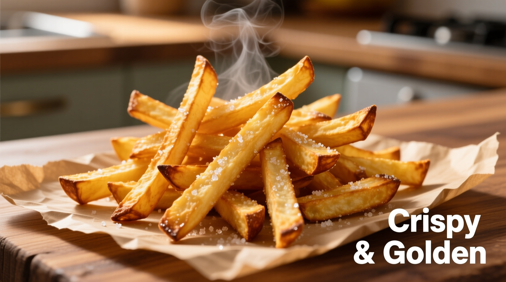 Golden crispy oven-baked french fries on parchment paper