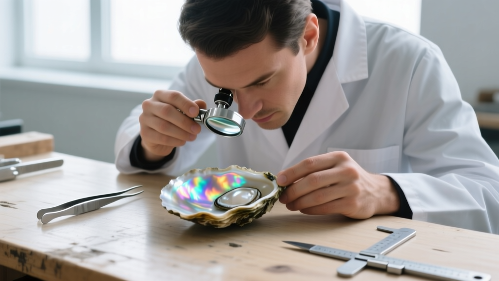 Jeweler inspecting the nacre of a raw oyster shell with a loupe, silver tools on a wooden workbench under bright studio light.