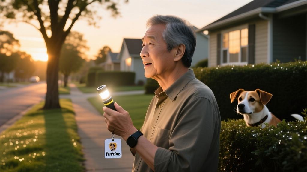 A person calmly searching a quiet neighborhood at dusk, holding a flashlight and calling softly, with a FurPetVo-branded ID tag visible on their hand