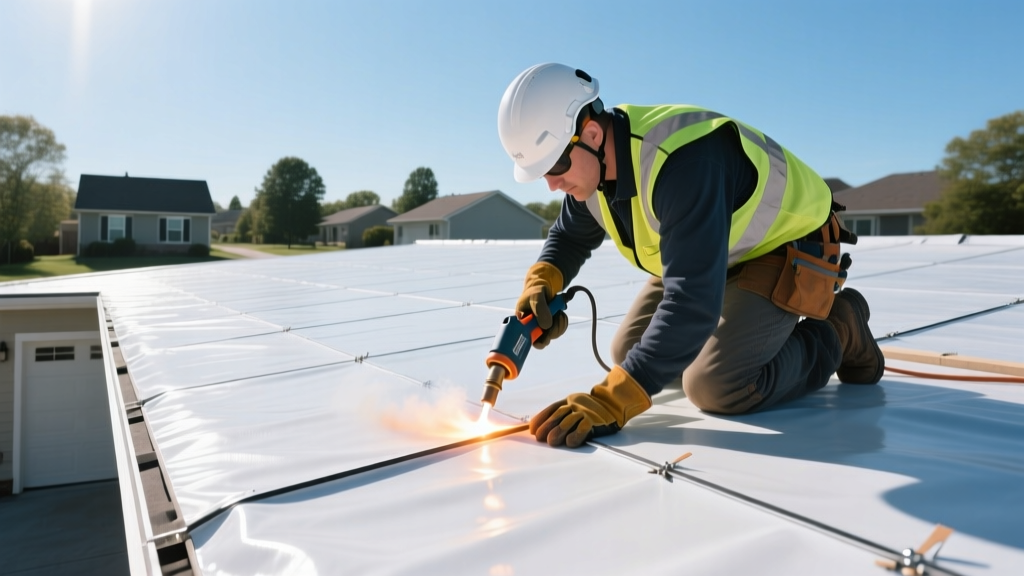 Professional roofer heat-welding the seams of a white TPO membrane on a flat residential garage roof using a handheld hot air welder