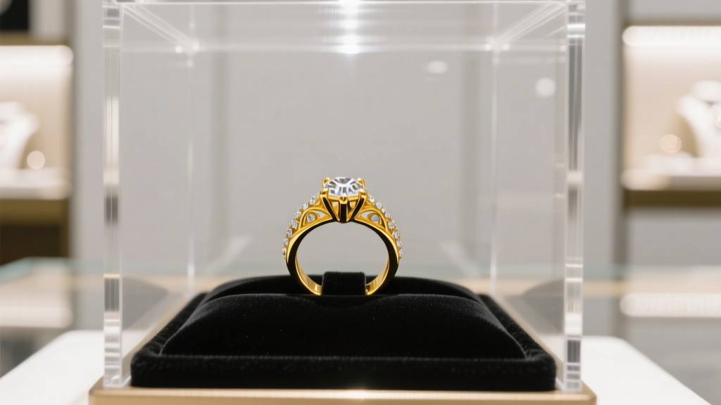 Gleaming 18k yellow gold engagement ring setting resting on dark velvet inside a brightly lit retail jewelry store display case.