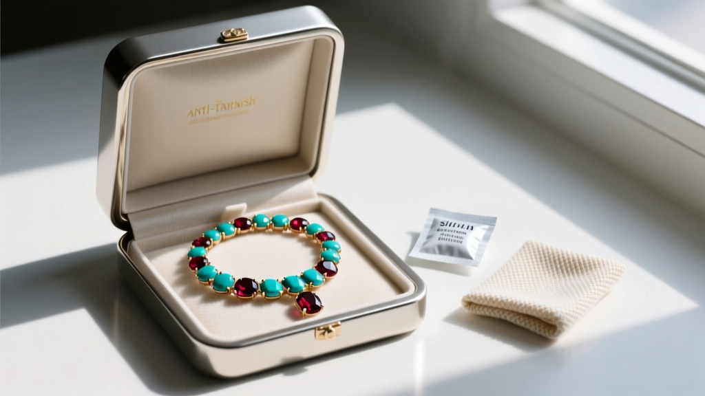 Open anti-tarnish jewelry box showing a turquoise and red garnet necklace coiled neatly next to a silica gel packet and cloth.