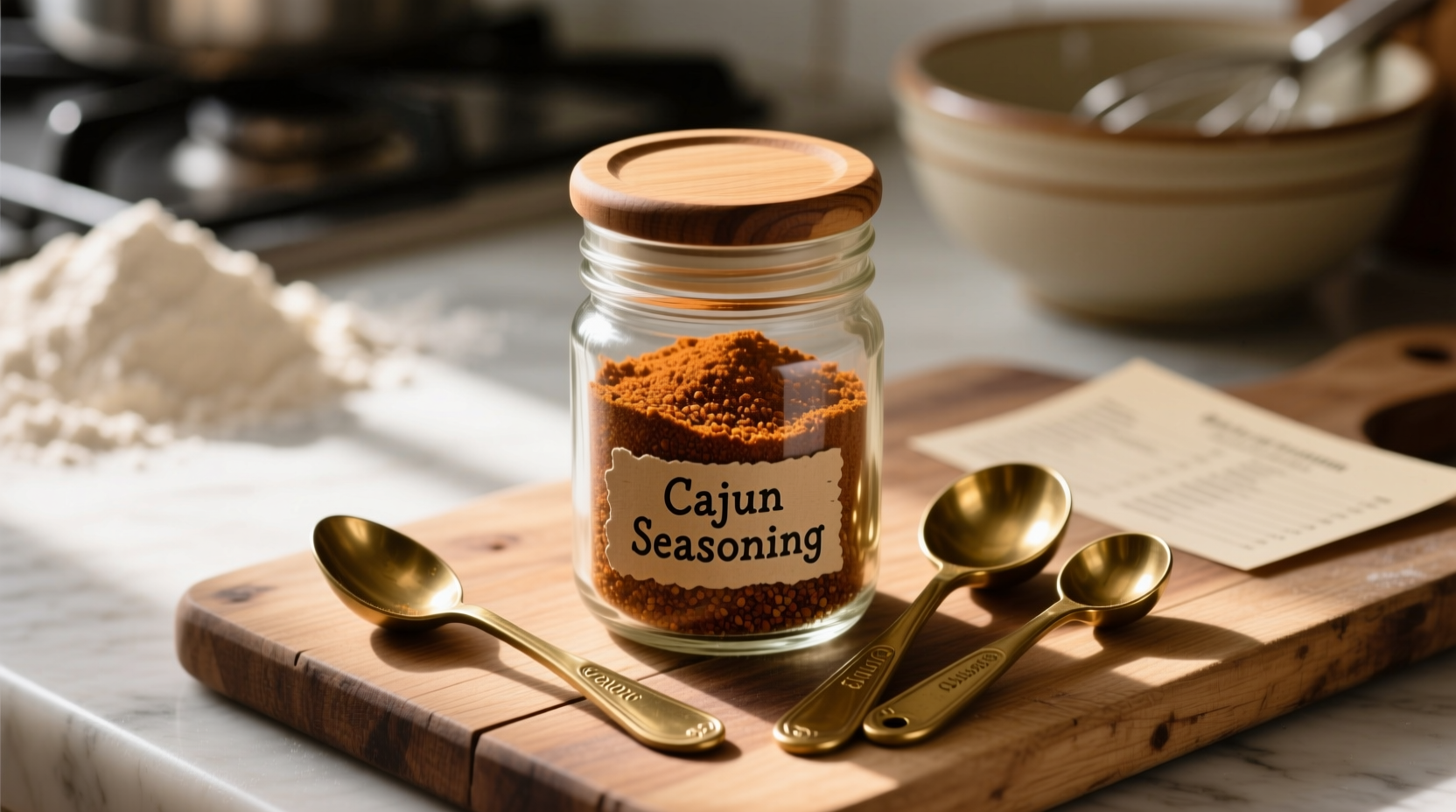Homemade cajun spice blend in glass jar with measuring spoons