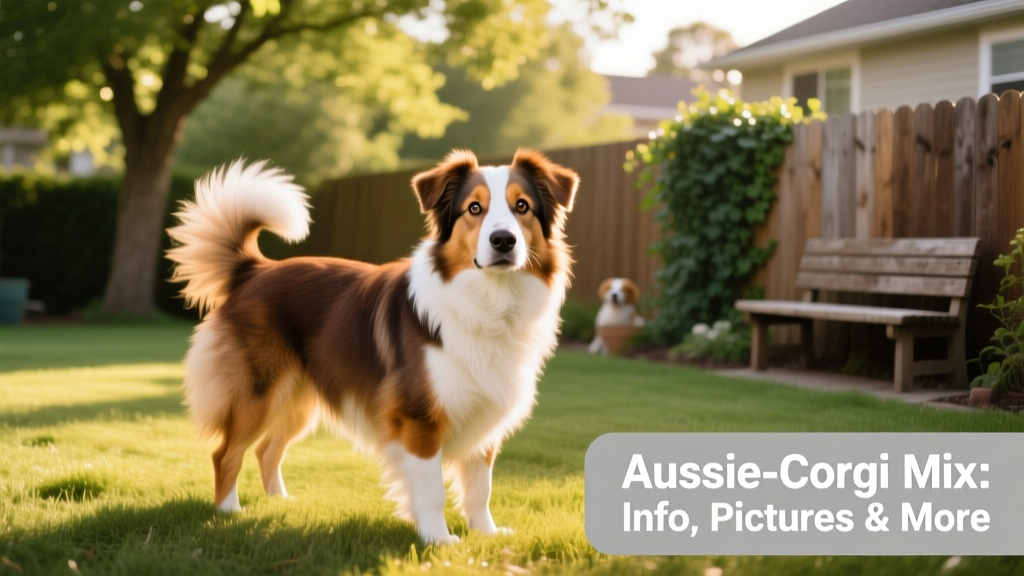 A playful, medium-sized mixed-breed dog with a fluffy tail, tri-color coat, and alert expression standing in a sunlit backyard