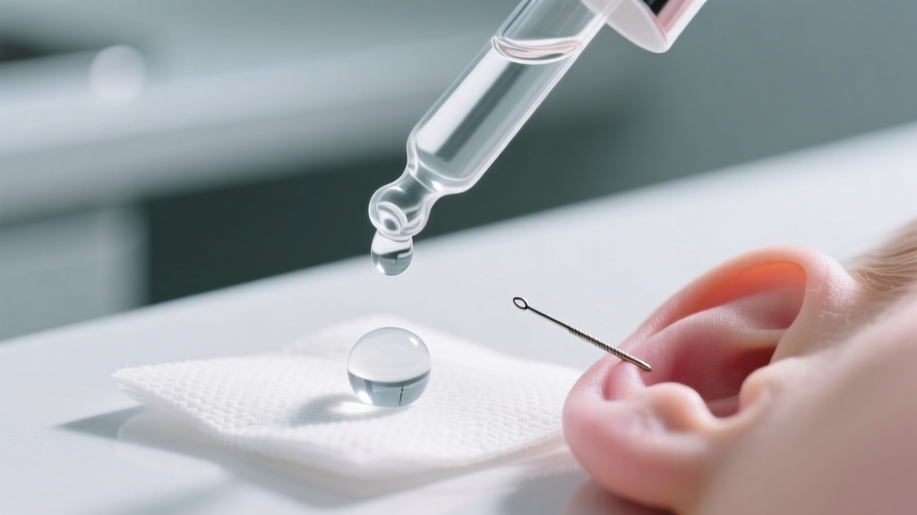 A clean glass dropper applying sterile 0.9% saline solution to a healing ear piercing, set on a sterile medical gauze pad