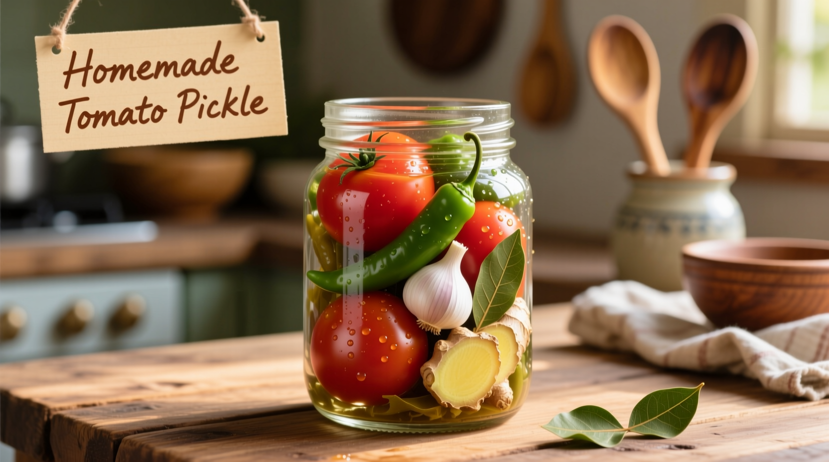Fresh tomato pickle ingredients in glass jar
