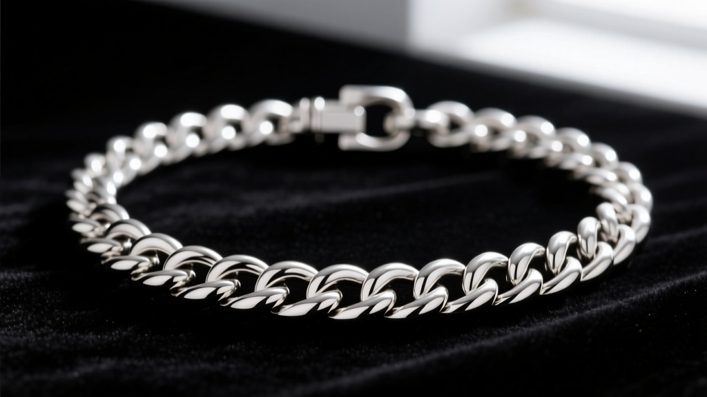 Close-up of a heavy 5mm sterling silver Cuban link necklace on dark velvet, highlighting thick interlocking links and a sturdy clasp.