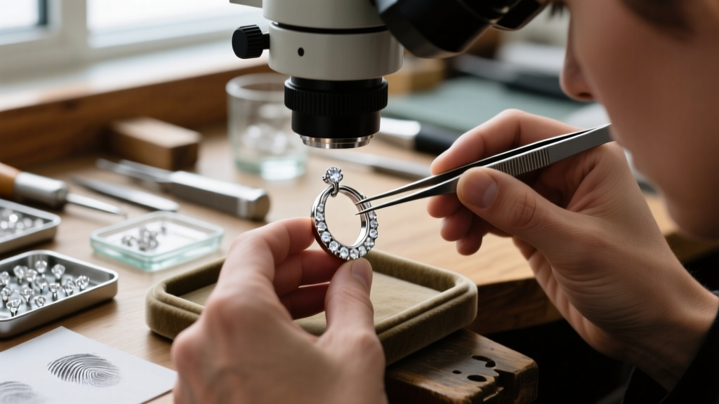 Close-up of a jeweler using a microscope to set tiny pave diamonds into a platinum huggie earring hoop at a cluttered workbench.
