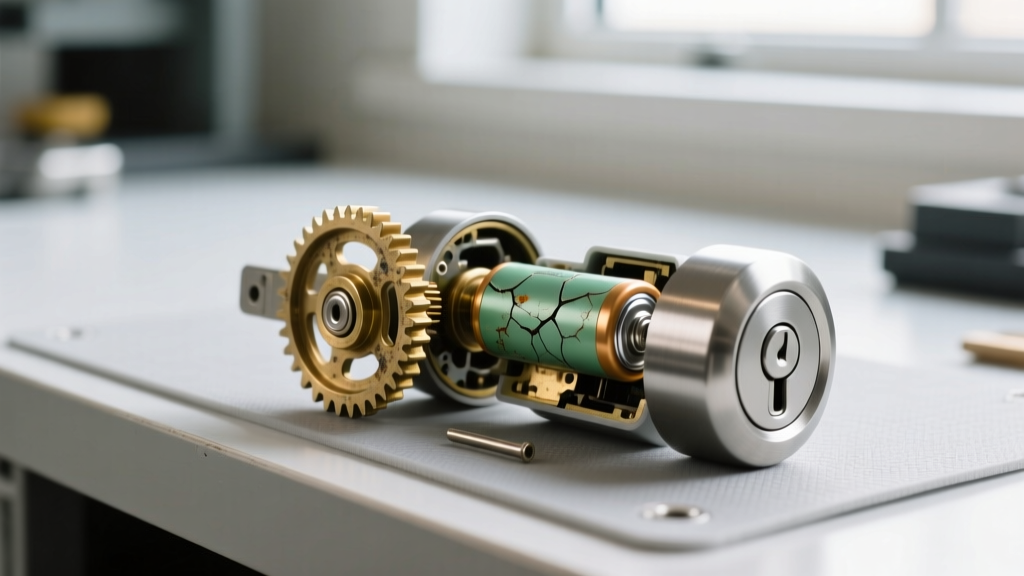 Disassembled smart lock deadbolt revealing stripped brass clutch gears and a swollen lithium battery on a technician workbench.