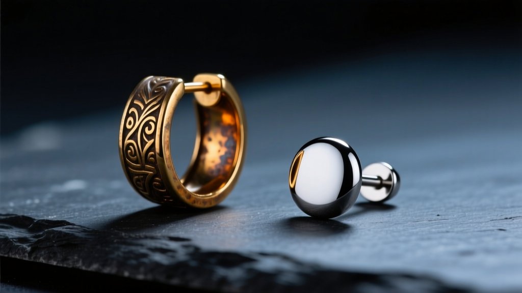 Macro shot of a tarnished brass earring next to a gleaming titanium stud on dark slate with moody lighting.