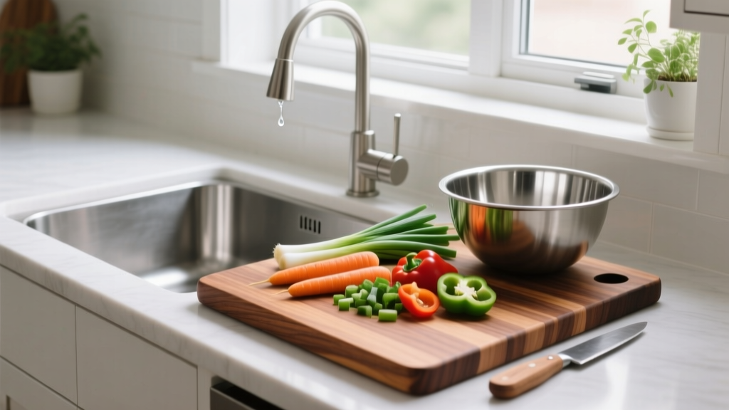 Teak over-the-sink cutting board workstation fitted over stainless steel farmhouse sink with chopped vegetables and stainless prep bowl
