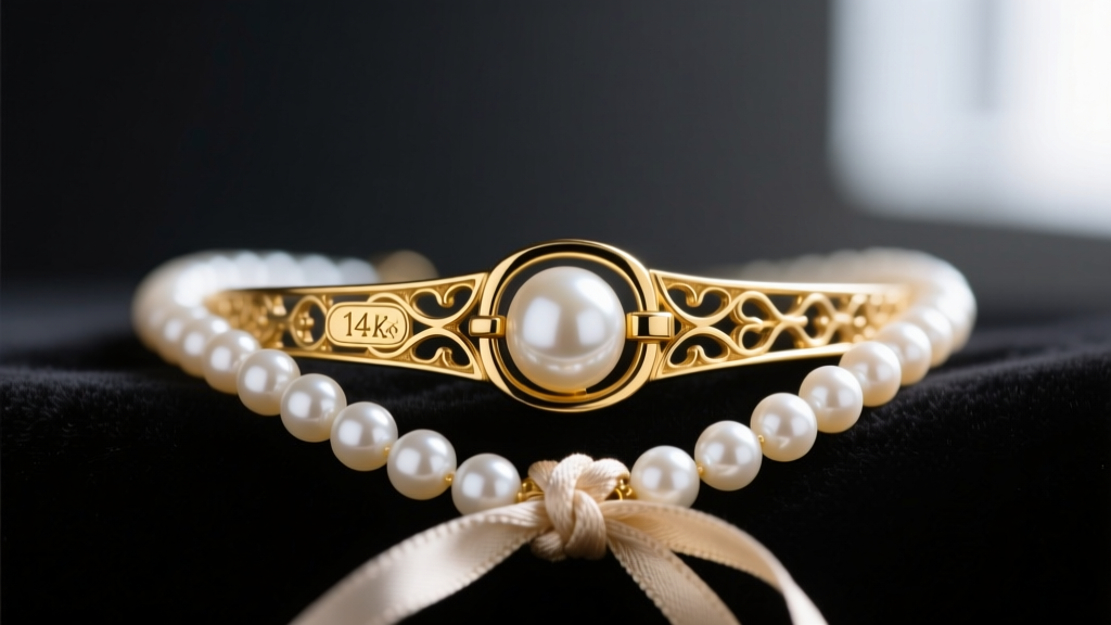 Close-up of a classic 14k yellow gold clasp on a white Akoya pearl necklace, resting on dark velvet, highlighting the silk knots.
