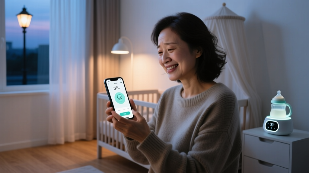 A tired but smiling mother using a smartphone app to remotely prepare a baby bottle in a modern, dimly lit nursery at 3 AM.