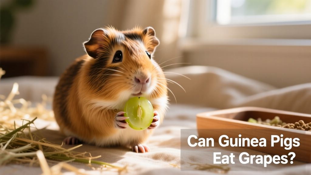 A guinea pig gently holding a small, halved grape between its paws