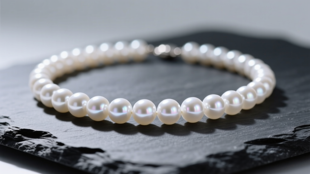 Close-up of a white Akoya pearl necklace on dark slate, highlighting sharp mirror-like luster and soft ambient lighting.