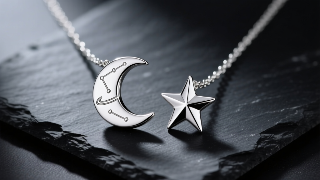 A sterling silver moon and star necklace on dark slate, showing crisp celestial engraving and highly polished, sharp star points.