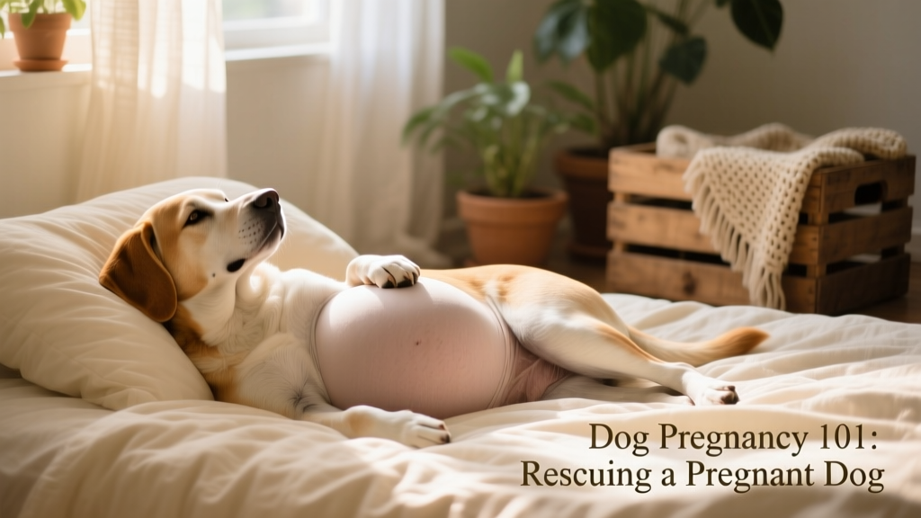 A calm, gentle pregnant dog resting on soft bedding, belly gently rounded