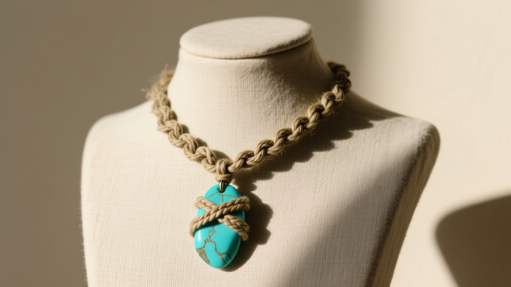 Hemp necklace with a raw turquoise pendant wrapped in micro-macrame, displayed on a neutral linen bust in natural daylight.