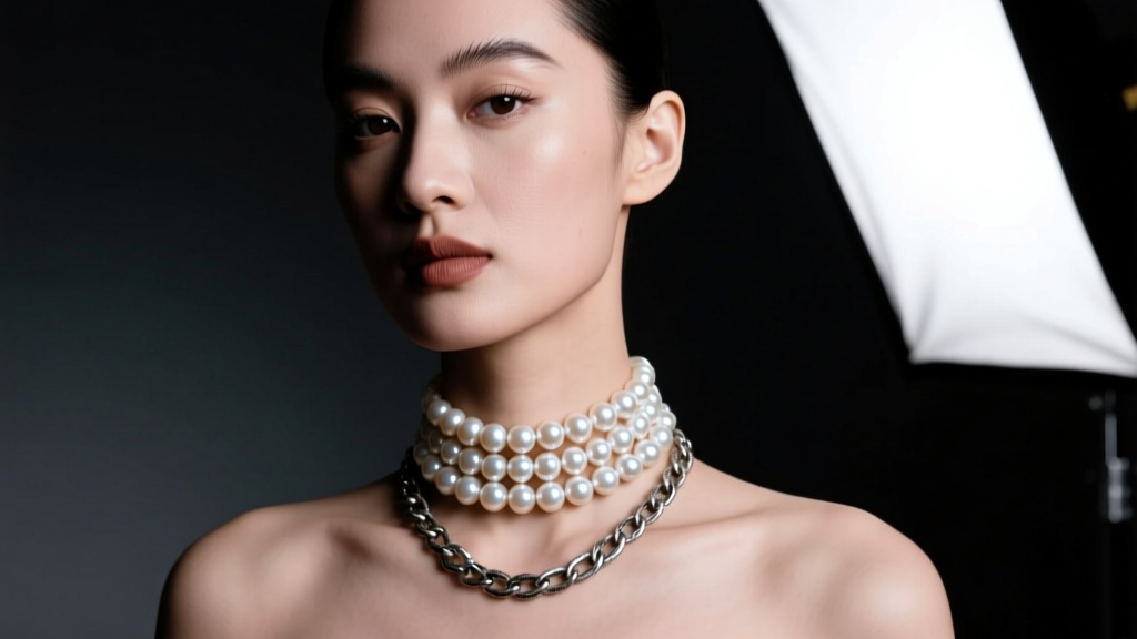 Editorial shot of a model wearing a layered 8mm Akoya pearl choker and an oxidized silver chain against a dark studio backdrop
