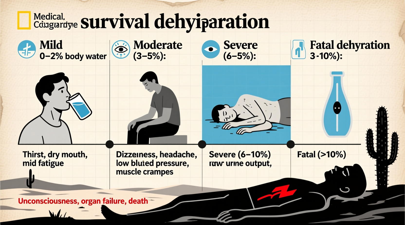 Human survival timeline showing dehydration stages and symptoms