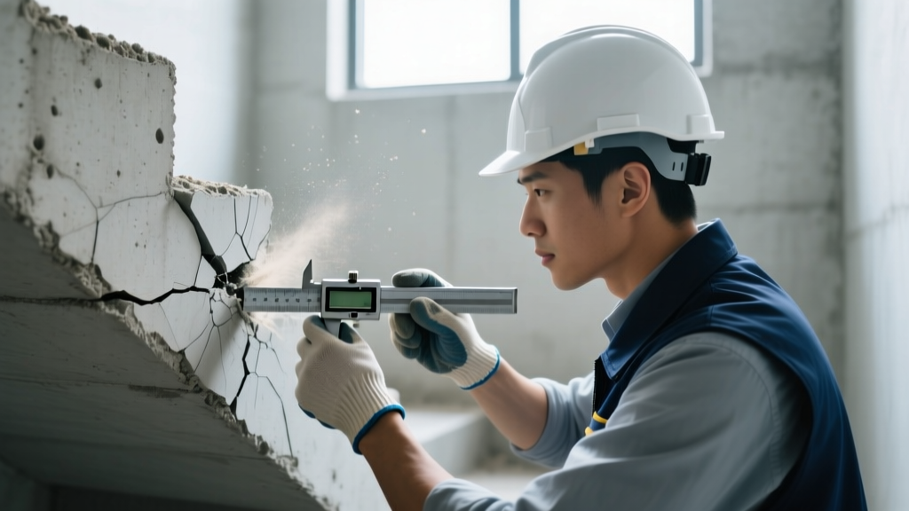 Close-up of a structural engineer using a crack width gauge to measure a diagonal stair-step fracture in a poured concrete basement wall