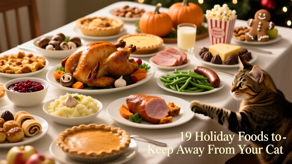 A festive holiday table with tempting foods, partially blurred to emphasize what’s off-limits for cats