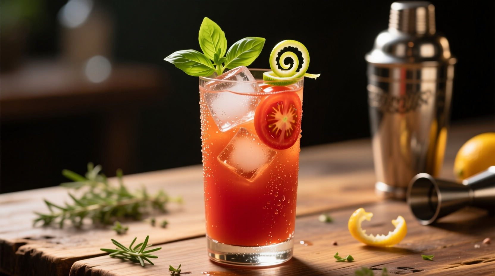 Freshly prepared Tipsey Tomato cocktail in a highball glass