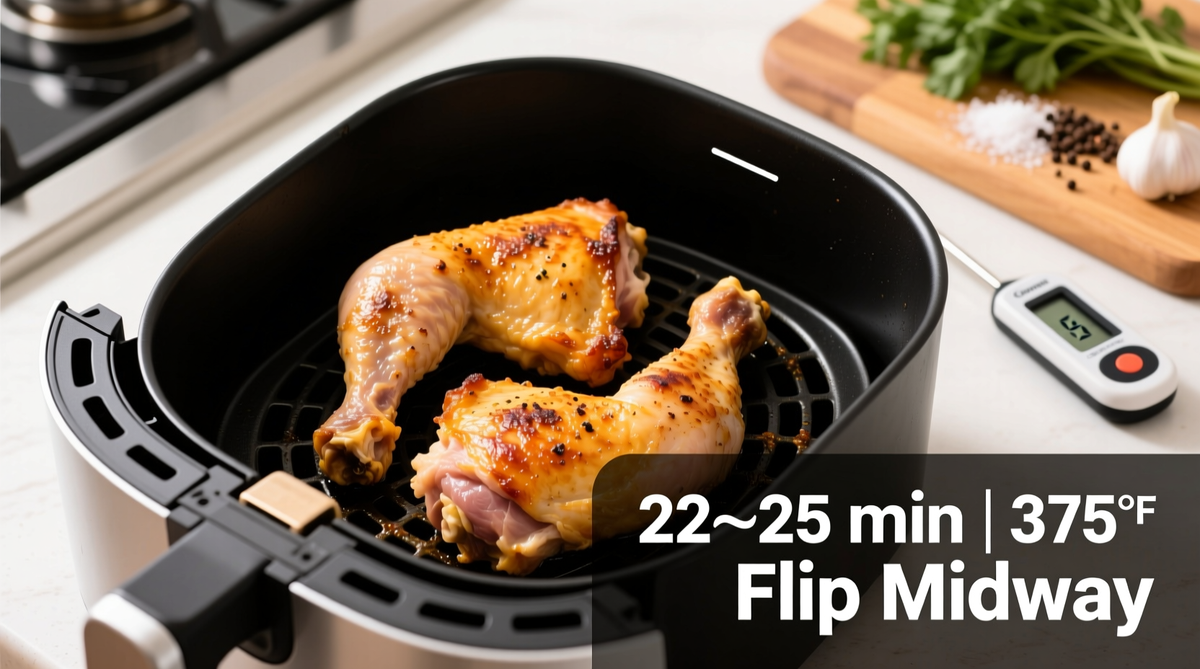 Chicken pieces cooking in an air fryer with a thermometer nearby