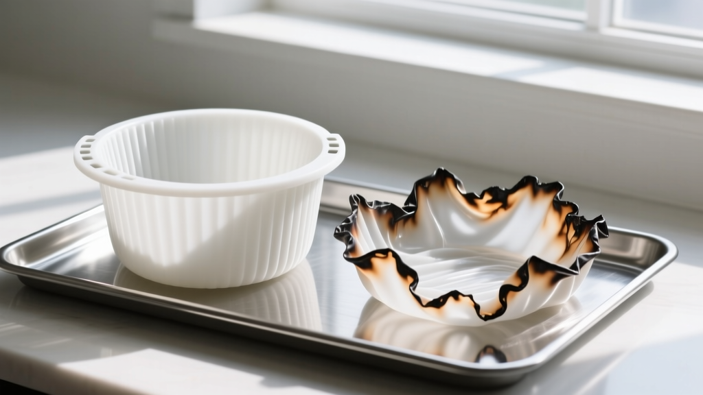 Platinum-cure silicone air fryer liner maintaining shape at 450F next to a warped melted nylon alternative on a stainless steel tray