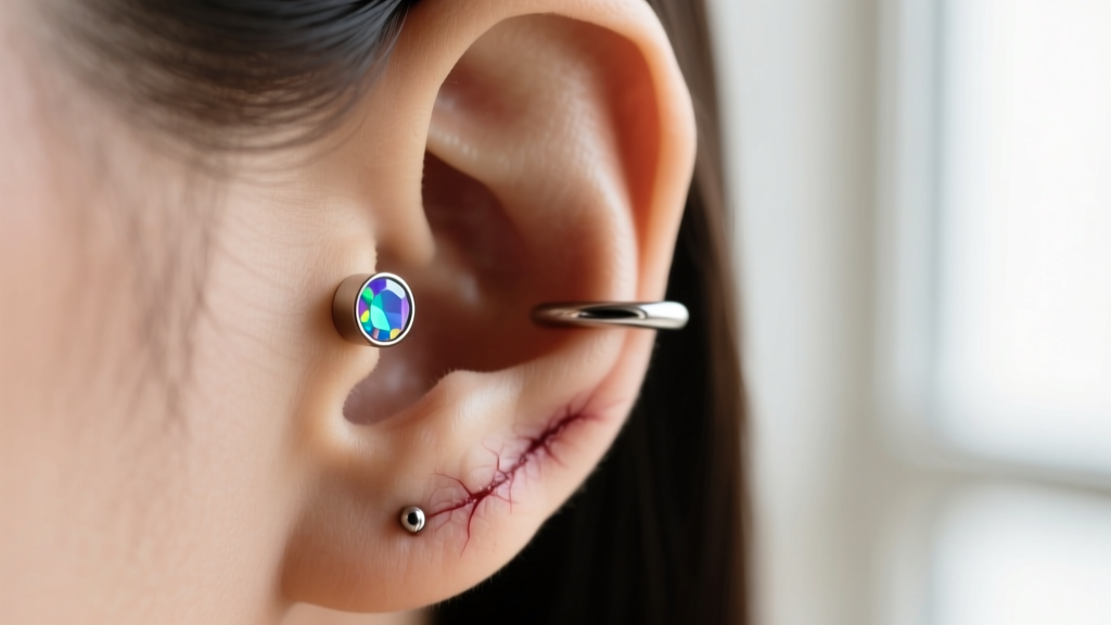 Macro shot of a healed helix piercing wearing a 6mm 16-gauge threadless titanium labret stud with a small bezel-set opal gemstone.