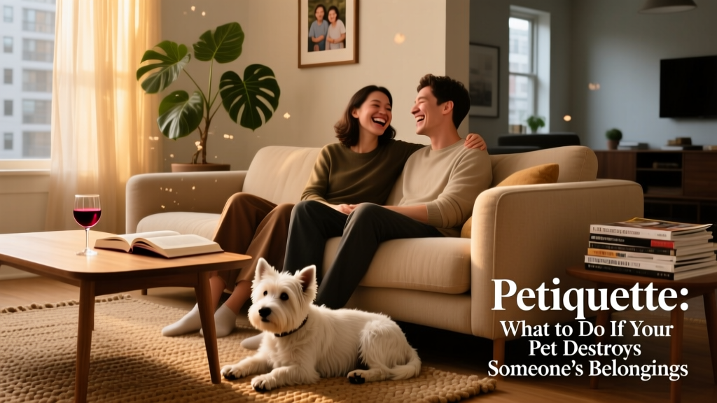Two friends laughing together on a sofa, with a calm Westie resting at their feet and a half-filled wine glass on the coffee table